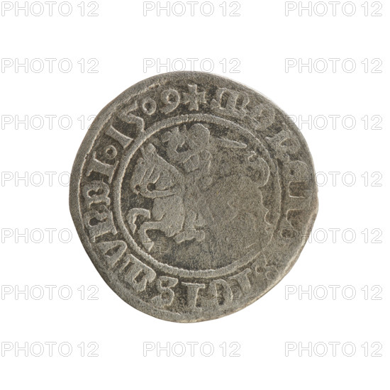 Lithuanian half-grosz, Sigismund I the Old (King of Poland; 1506–1548); 1509. Obverse: Pogon (Lithuanian charging knight) turned left; in the rim between pearly borders an inscription: + MONET, SIGISMVNDI.1509. Reverse: Polish crowned eagle; in the rim between pearly borders an inscription: + M, NI.DVCIS.LITVANIE, 1509. Polish coin of the Jagiellon dynasty; Grand Duchy of Lithuania; Vilnius.