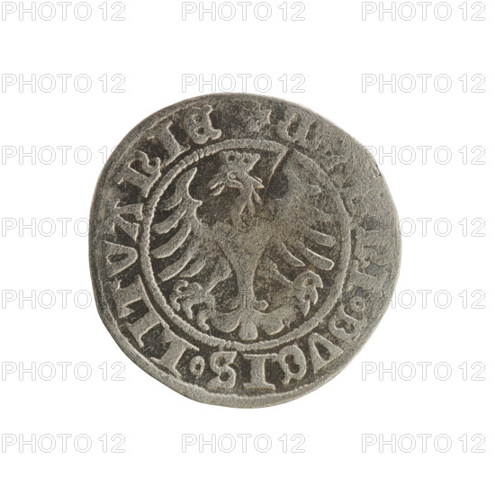 Lithuanian half-grosz, Sigismund I the Old (King of Poland; 1506–1548). Obverse: Pogon (mounted knight) turned left; in the rim between pearly borders an inscription: + MONET, SIGISMVNDI.1509. Reverse: Polish crowned eagle; in the rim between pearly borders an inscription: + M. NI.DVCIS.LITVANIE.1509. Coin of the Grand Duchy of Lithuania (Vilnius), Poland; Jagiellon dynasty; emblems: eagle and Pogon.