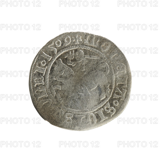 Lithuanian half-grosz, Sigismund I the Old (King of Poland; 1506–1548). Obverse: Pogon (Lithuanian coat of arms) turned left; in the rim between pearly borders an inscription: MO, ETA.SI, S, VNDI. 1509. Reverse: Polish crowned eagle; in the rim between pearly borders an inscription: M, NI.DVCIS.LITVANIE. 1509. Coin struck in Vilnius, Grand Duchy of Lithuania (Poland–Lithuania).