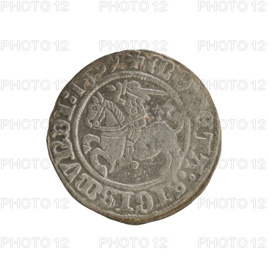 Lithuanian half-grosz, Sigismund I the Old (king of Poland; 1506–1548). Obverse: Pursuer (Lithuanian emblem) turned left; in the rim between pearl borders an inscription: + MO, ETA:SIGISMVNDI:1, 09. Reverse: Polish eagle with a crown; in the rim between pearly borders an inscription: + MA, I:DVCIS:LITVANIE:, 1509. Coin from Vilnius, Grand Duchy of Lithuania.