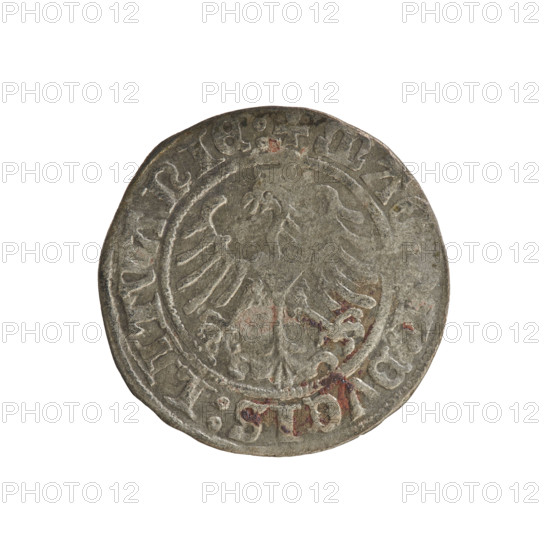 Lithuanian half-grosz, Sigismund I the Old (king of Poland; 1506–1548). Silver coin (half-grosz), 1509, struck in Vilnius, Grand Duchy of Lithuania (Poland–Lithuania). Obverse: Pursuer (Pahonia) turned left; in rim between pearl borders inscription: + MO. ETA: SIGISMVNDI: 1509. Reverse: Polish crowned eagle; in rim between pearl borders inscription: + MA. I: DVCIS: LITVANIE:. Emblems: eagle and Pursuer; Jagiellon dynasty.