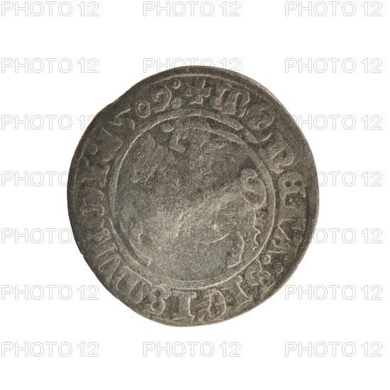 Lithuanian half-grosz, Sigismund I the Old (king of Poland; 1506–1548). Polish coin (Jagiellon dynasty). Obverse: Pursuer (emblem of Lithuania) turned left; in the rim between pearl borders an inscription: + M, NETA:SIGISMVNDI:1509:. Reverse: Crowned Polish eagle; in the rim between pearly borders an inscription: + MAGNI:DVCIS:LITVANIE:. Dated 1509. Grand Duchy of Lithuania.
