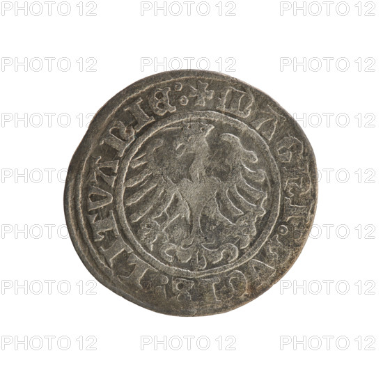 Lithuanian half-grosz, Sigismund I the Old (king of Poland; 1506–1548). Silver coin (half-grosz), 1509. Obverse: Pursuer (Pogonia) turned left; in the rim between pearl borders an inscription: + M, NETA:SIGISMVNDI:1509:. Reverse: Polish crowned eagle; in the rim between pearl borders an inscription: + MAGNI:DVCIS:LITVANIE:. Jagiellon dynasty; emblems: Eagle, Pursuer. Grand Duchy of Lithuania, Poland.