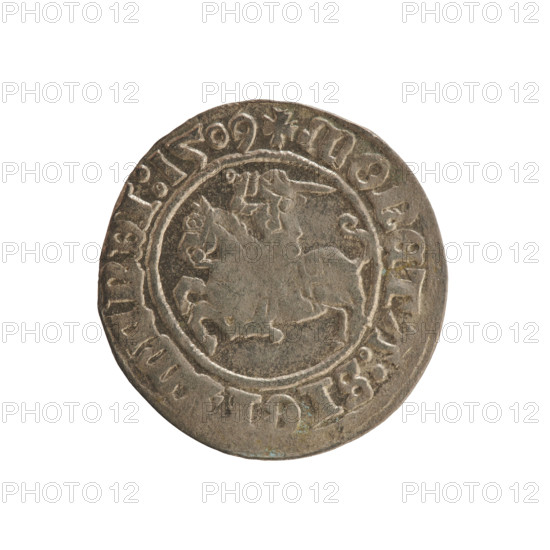 Lithuanian half-grosz, Sigismund I the Old (king of Poland; 1506–1548). Polish coin (Jagiellon dynasty), 1509. Obverse: Pursuer (Lithuanian emblem) turned left; inscription in rim between pearl borders: + COIN:SIG, MVNDI:1509. Reverse: Polish crowned eagle; inscription in rim between pearl borders: + MAGNI:, CIS:LITVANIE, 1509.