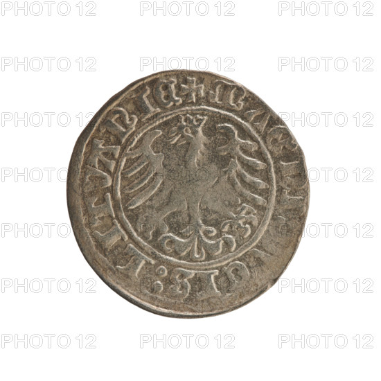 Lithuanian half-grosz, Sigismund I the Old (king of Poland; 1506–1548). Polish coin (Jagiellon dynasty), 1509. Obverse: Pursuer (Lithuanian emblem) turned left; inscription in rim between pearl borders: + COIN:SIG, MVNDI:1509. Reverse: Crowned Polish eagle; inscription in rim between pearl borders: + MAGNI:, CIS:LITVANIE, 1509.