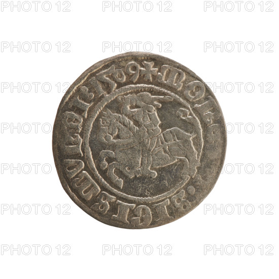 Lithuanian half-grosz, Sigismund I the Old (king of Poland; 1506–1548). Obverse: Chaser (Lithuanian coat of arms) turned left; in the rim between pearly borders an inscription: + MON, SIGISMVNDI, 1509. Reverse: Polish eagle with a crown; in the rim between pearly borders an inscription: + MGA, DVCIS:LITVANIE:, 1509. Minted in Vilnius, Grand Duchy of Lithuania (Poland). R8 (rarity). Polish coin; Jagiellonian dynasty; coats of arms.