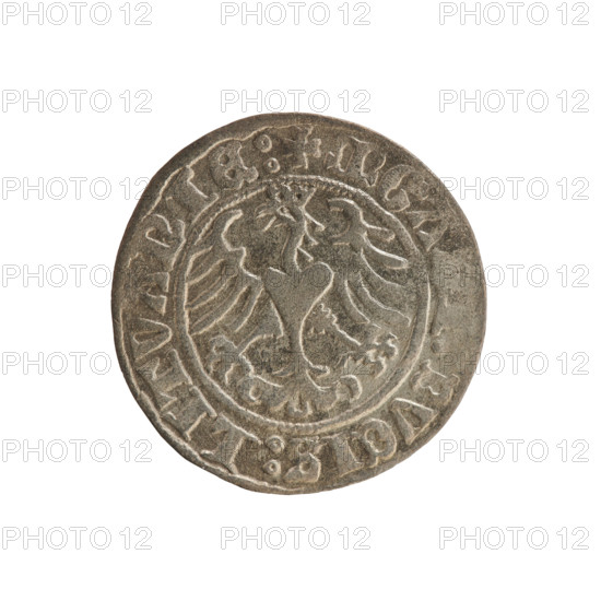 Lithuanian half-grosz, Sigismund I the Old (king of Poland; 1506–1548). Obverse: Chaser (coat of arms) turned left; in the rim between pearly borders an inscription: + MON, SIGISMVNDI, 1509. Reverse: Polish eagle with a crown; in the rim between pearly borders an inscription: + MGA, DVCIS:LITVANIE:, 1509. Vilnius, Grand Duchy of Lithuania. R8 (rarity). Subjects/attributes: Polish coins; Jagiellonians (dynasty); coats of arms; eagles.