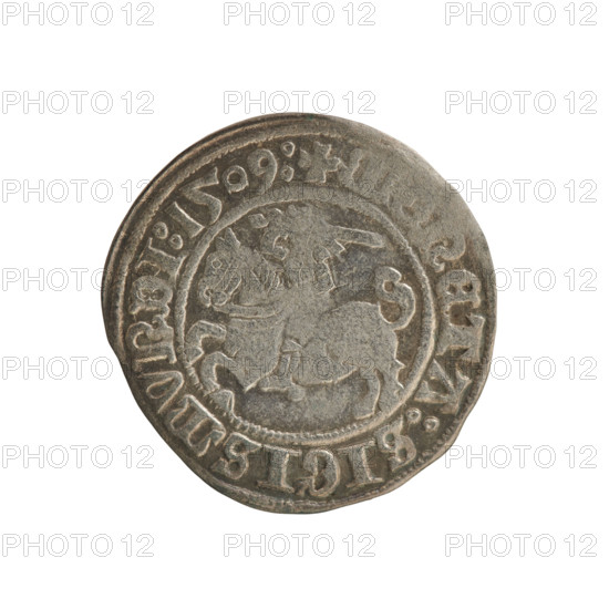 Lithuanian half-grosz (1509) of Sigismund I the Old (king of Poland, 1506–1548). Obverse: Pursuer (emblem of Lithuania) turned left; rim inscription between pearl borders: + COIN:SIGISMVNDI:1509:. Reverse: Crowned Polish eagle; rim inscription between pearl borders: + MAGNI:DVCIS:LITVA. Style: Jagiellon-era Polish–Lithuanian coinage; motifs: emblems, eagles.