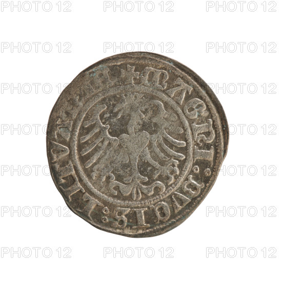 Lithuanian half-grosz, Sigismund I the Old (king of Poland; 1506–1548). Polish coin (Jagiellon dynasty). Obverse: Pursuer (Lithuania) turned left; in the rim between pearl borders an inscription: + COIN:SIGISMVNDI:1509:. Reverse: Crowned Polish eagle; in the rim between pearly borders an inscription: + MAGNI:DVCIS:LITVA. Dated 1509. Grand Duchy of Lithuania (Vilnius), Poland.
