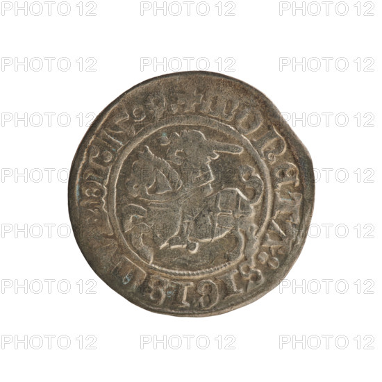 Lithuanian half-grosz, Sigismund I the Old (king of Poland; 1506–1548). Polish coin (Jagiellon dynasty), 1509. Obverse: Pursuer (emblem of Lithuania) turned left; rim inscription + COIN:SIGIS, DI:1509 between pearl borders. Reverse: Crowned Polish eagle; rim inscription + MAGNI:DV, LITVANIE.:. between pearl borders. Material: coin.