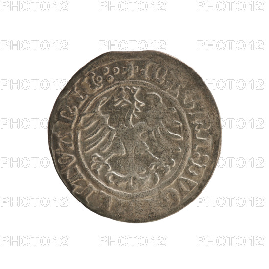 Lithuanian half-grosz of Sigismund I the Old (king of Poland, 1506–1548). Obverse: Pursuer (emblem of Lithuania) turned left; legend in rim between pearl borders: + COIN:SIGIS, DI:1509. Reverse: Polish crowned eagle; legend in rim between pearl borders: + MAGNI:DV, LITVANIE.:. Dated 1509, struck in Vilnius, Grand Duchy of Lithuania.