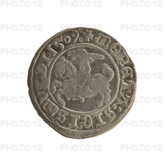 Lithuanian half-grosz, Sigismund I the Old (king of Poland; 1506–1548). Silver coin (half-grosz), dated 1509. Obverse: Pursuer (Pogonia) turned left; in rim between pearl borders an inscription: + COIN:SIGISMV, DI.1509:. Reverse: Polish crowned eagle; in rim between pearly borders an inscription: + MAGNI:DVCIS:LITVANIE, 1509. Emblems: eagles; Jagiellonian dynasty. Grand Duchy of Lithuania, Poland.
