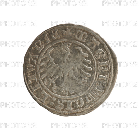Lithuanian half-grosz, Sigismund I the Old (king of Poland; 1506–1548). Silver coin (half-grosz), 1509. Obverse: Pursuer (Pogonia) turned left; rim between pearl borders with inscription '+ COIN:SIGISMV, DI.1509:'. Reverse: Polish crowned eagle; rim between pearl borders with inscription '+ MAGNI:DVCIS:LITVANIE'. Style: early 16th-century Jagiellon coinage; emblems include eagle and Pursuer. Place: Vilnius, Grand Duchy of Lithuania (Poland–Lithuania).