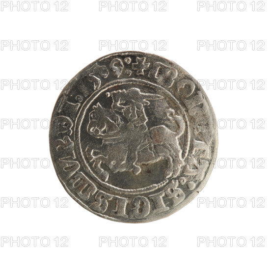 Lithuanian half-grosz, Sigismund I the Old (king of Poland; reign 1506–1548). Polish coin (Jagiellon dynasty). Obverse: Pursuer (Pogonia) turned left; in the rim between pearl borders an inscription: + MON·TA:SIGISMVNDI·1509. Reverse: Crowned Polish eagle; in the rim between pearly borders an inscription: + MAGNI·DVC·LITVANI·1509. Minted in Vilnius, Grand Duchy of Lithuania.