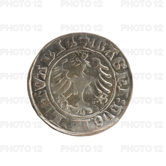 Lithuanian half-grosz, Sigismund I the Old (king of Poland; 1506–1548). Silver coin, 1509. Obverse: Pursuer (Lithuanian emblem) turned left; rim inscription between pearl borders: + MON, TA:SIGISMVNDI, 1509. Reverse: Crowned Polish eagle; rim inscription between pearl borders: + MAGNI:DVC, LITVANI, 1509. Associated with Vilnius, Grand Duchy of Lithuania/Poland; Jagiellon dynasty; emblems: eagle, pursuer.