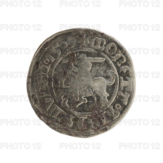 Lithuanian half-grosz, Sigismund I the Old (King of Poland; 1506–1548). Obverse: Pogon (Lithuanian coat of arms) turned left; in the rim between pearly borders an inscription: + MONETA.SIGI, VNDI.15. Reverse: Polish crowned eagle; in the rim between pearly borders an inscription: + MAGNI.DVCIS.LITVA, E. Dated 1509. Coin from Grand Duchy of Lithuania (Vilnius), Poland.