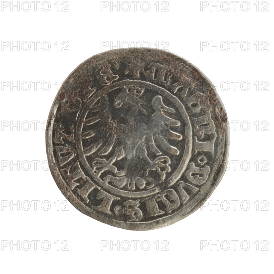 Lithuanian half-grosz, Sigismund I the Old (King of Poland; 1506–1548), Polish coins, Jagiellon dynasty; materials/style: coin. Obverse: Pogon (Lithuanian coat of arms) turned left; in rim between pearly borders an inscription: + MONETA.SIGI.VNDI.15. Reverse: Polish crowned eagle; in rim between pearly borders an inscription: + MAGNI.DVCIS.LITVA.E. Date: 1509. Place: Vilnius, Grand Duchy of Lithuania/Poland.