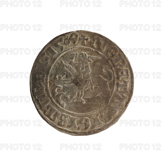 Lithuanian half-grosz, Sigismund I the Old (king of Poland; 1506–1548). Coin (1509). Obverse: Pursuer (Pogonia) turned left; inscription in rim between pearl borders. Reverse: Crowned Polish eagle; inscription + MAGNI:DVCIS:LITVANIE in rim between pearl borders. Emblems: eagles; Pursuer. Grand Duchy of Lithuania, Vilnius.