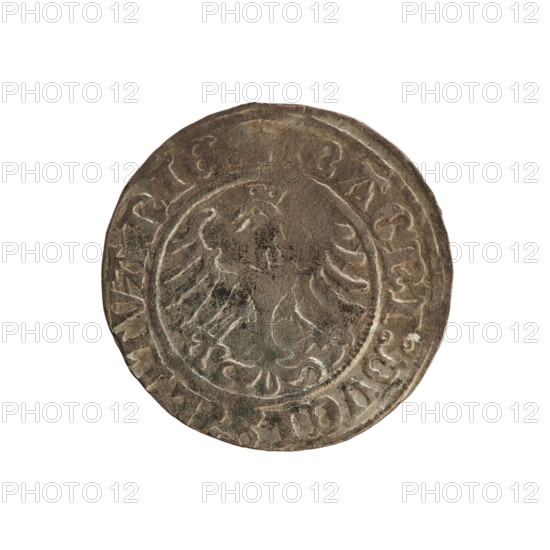 Lithuanian half-grosz, Sigismund I the Old (king of Poland; 1506–1548). Silver coin dated 1509. Obverse: Pursuer (Lithuanian emblem) turned left, inscription in rim between pearl borders: COIN:SIGISMVNDI:1509. Reverse: Crowned Polish eagle, inscription in rim between pearl borders: + MAGNI:DVCIS:LITVANIE. Jagiellon dynasty; emblems: eagle and Pursuer. Function: coin.