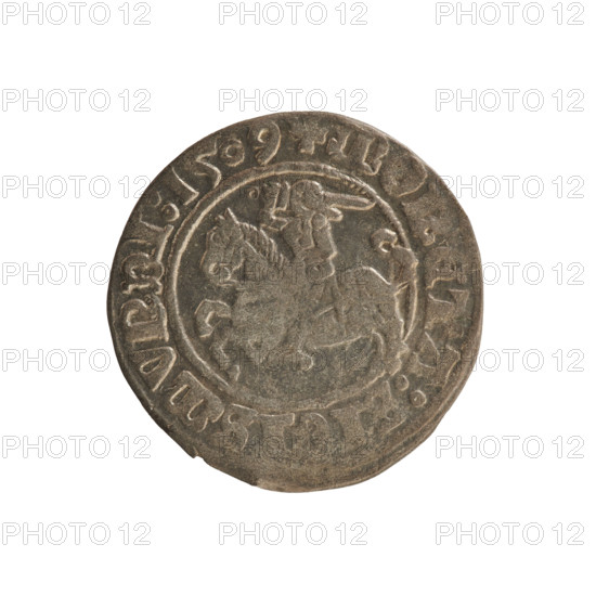 Lithuanian half-grosz, Sigismund I the Old (King of Poland; 1506–1548). Obverse: Pogon turned left; in the rim between pearl-shaped borders an inscription: + MO, TA:SIGISMVNDI:1509. Reverse: Polish crowned eagle; in the rim between pearl-shaped borders an inscription: + MAGNI:DVC, ITVANIE, 1509. Polish coin of the Jagiellon dynasty; emblems: eagle and Pogon. Made in Vilnius, Grand Duchy of Lithuania.