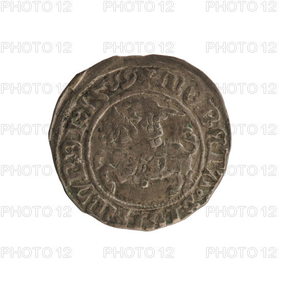 Lithuanian half-grosz, Sigismund I the Old (king of Poland; 1506–1548). Obverse: Pursuer (emblem of Lithuania) turned left; in the rim between pearl borders the inscription '+ COIN:SIGISMVNDI:1509'. Reverse: Polish crowned eagle; in the rim between pearly borders the inscription '+ MAGNI:DVCIS:LITVANIE:'. 1509. Polish–Lithuanian coin from the Jagiellon dynasty; emblems: eagle and Pursuer.