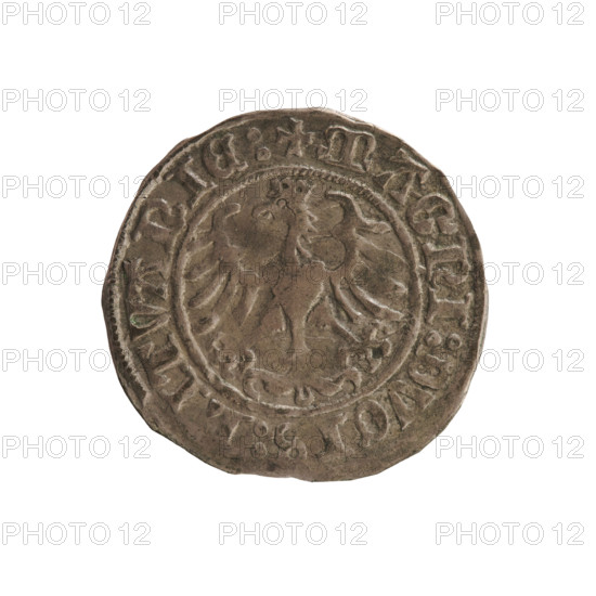 Lithuanian half-grosz, Sigismund I the Old (king of Poland; 1506–1548). Coin (1509). Obverse: Pursuer turned left; inscription in rim between pearl borders: + COIN:SIGISMVNDI:1509. Reverse: Crowned Polish Eagle; inscription in rim between pearly borders: + MAGNI:DVCIS:LITVANIE:. Emblems: eagle and Pursuer. Grand Duchy of Lithuania; Poland. Jagiellon dynasty.