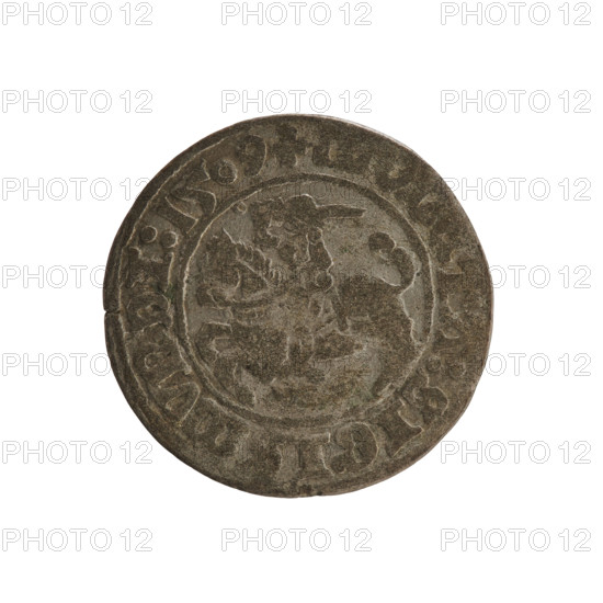 Lithuanian half-grosz, Sigismund I the Old (king of Poland; 1506–1548). Obverse: Pursuer turned left, in the rim between pearl borders an inscription '+ TA:SIGI, MVNDI:1509'. Reverse: Polish crowned eagle, in the rim between pearl borders an inscription '+ MAG, I, DVCIS, LITVANIE, 1509'. Polish coin, Jagiellon dynasty; emblems: eagle and Pursuer; Vilnius; Grand Duchy of Lithuania.