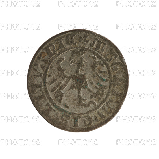 Lithuanian half-grosz, Sigismund I the Old (king of Poland; 1506–1548). Silver coin (half-grosz), 1509. Obverse: Pursuer (emblem of Lithuania) turned left; in the rim between pearl borders an inscription: + TA:SIGI, MVNDI:1509. Reverse: Polish crowned eagle; in the rim between pearl borders an inscription: + MAG, I, DVCIS, LITVANIE, 1509. Jagiellon dynasty; emblems: eagle and pursuer. Grand Duchy of Lithuania, Vilnius.