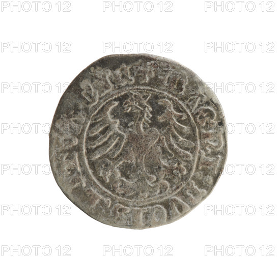Lithuanian half-grosz, Sigismund I the Old (King of Poland; 1506–1548). Obverse: Pogon (Lithuanian coat of arms) turned left; in the rim between pearly borders an inscription: + MONETA:SIGISMVNDI:1509. Reverse: Polish crowned eagle; in the rim between pearly borders an inscription: + MAGNI:DVCIS:LITVANIE, 1509. Polish coin of the Jagiellon dynasty, features coats of arms (eagle, Pogon); Grand Duchy of Lithuania, struck in Vilnius.