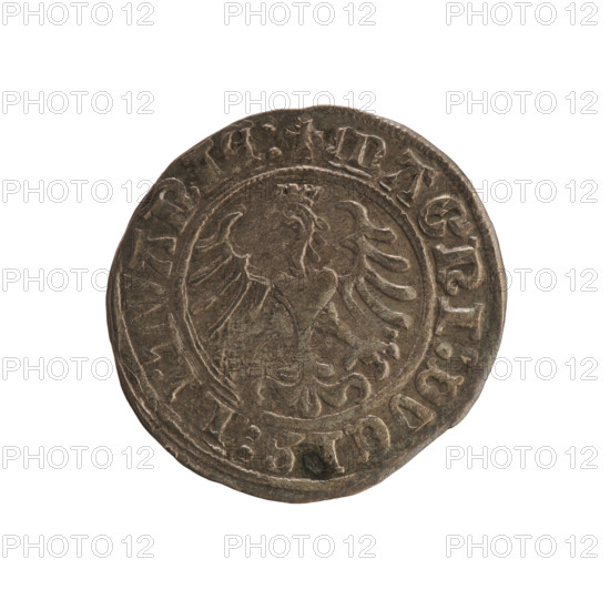 Lithuanian half-grosz, Sigismund I the Old (king of Poland; 1506–1548). Coin (1509). Obverse: Pursuer turned left; in rim between pearl borders an inscription: + COIN:SIGISMVNDI:1509. Reverse: Crowned Polish eagle; in rim between pearl borders an inscription: + MAGNI:DVCIS:LITVANIE:. Emblems: eagle; Pursuer (Lithuania). Grand Duchy of Lithuania; Poland.