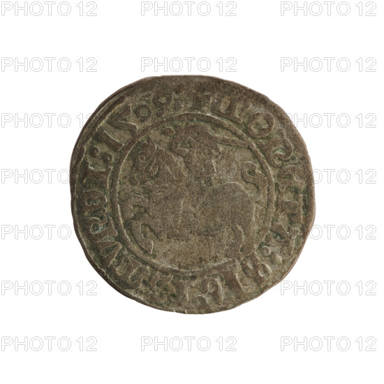 Lithuanian half-grosz, Sigismund I the Old (king of Poland; 1506–1548). Polish coin of the Jagiellon dynasty. Obverse: Pursuer (Pogonia) turned left; inscription in rim between pearl borders: + COIN:SIGISMVNDI:1509:. Reverse: Polish crowned eagle; inscription in rim between pearl borders: + MAG. VCIS:LITVANIE:; dated 1509. Function: coin; place: Vilnius, Grand Duchy of Lithuania (Poland–Lithuania).