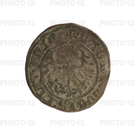 Lithuanian half-grosz, Sigismund I the Old (king of Poland; 1506–1548). Silver coin (half-grosz), dated 1509. Obverse: Pursuer (Lithuanian emblem) turned left; in the rim between pearl borders an inscription: + COIN:SIGISMVNDI:1509:. Reverse: Polish crowned eagle; in the rim between pearly borders an inscription: + MAG, VCIS:LITVANIE:. Associated with Jagiellon dynasty; motifs include eagles and emblems; issued for the Grand Duchy of Lithuania (Vilnius, 1509).