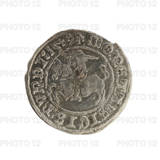 Lithuanian half-grosz, Sigismund I the Old (King of Poland; 1506–1548), 1509. Obverse: Pogon (Lithuanian coat of arms) turned left; in rim between pearly borders inscription '+ MONETA:SIGISMVNDI:1509'. Reverse: Polish crowned eagle; in rim between pearly borders inscription '+ MAG, I:DVCIS:LITVANIE, 1509'. Polish coin, Jagiellon dynasty; coats of arms.