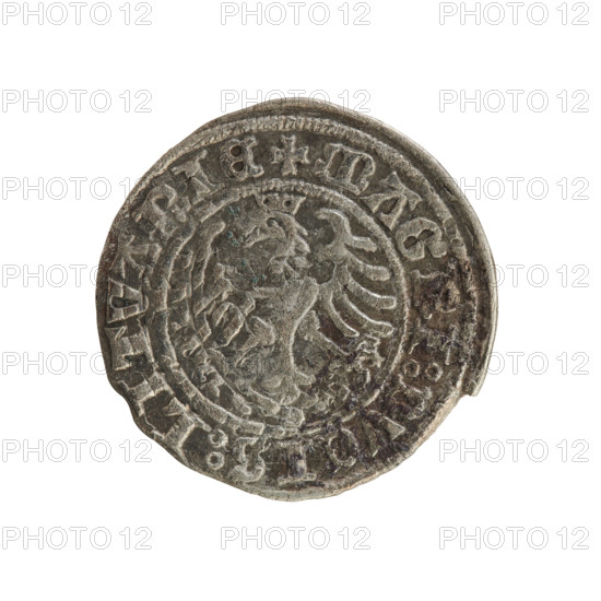 Lithuanian half-grosz, Sigismund I the Old (King of Poland; 1506–1548). Obverse: Pogon (Lithuanian coat of arms) turned left; in rim between pearly borders inscription '+ MONETA:SIGISMVNDI:1509'. Reverse: Polish crowned eagle; in rim between pearly borders inscription '+ MAG, I:DVCIS:LITVANIE, 1509'. Polish coin, Jagiellon dynasty; Vilnius, Grand Duchy of Lithuania.