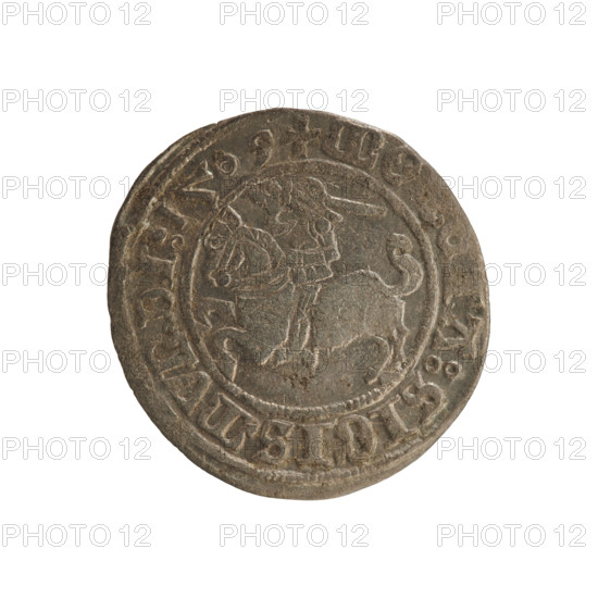 Lithuanian half-grosz, Sigismund I the Old (king of Poland; 1506–1548). Silver coin, 1509. Obverse: Pursuer (Pursuer emblem of Lithuania) turned left; inscription in rim between pearl borders: + MO. TA:SIGISMVNDI:1509. Reverse: Polish crowned eagle; inscription in rim between pearl borders: + MAGNI.DVCIS.LITVANIE. Associated with Poland and the Grand Duchy of Lithuania; Jagiellon dynasty; emblems: eagle and pursuer.
