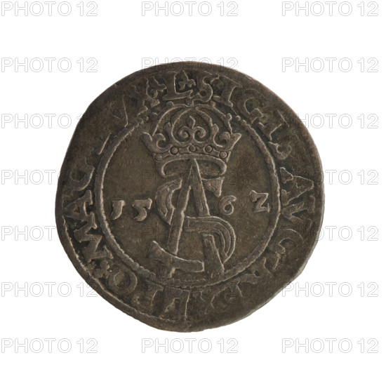 Lithuanian trojak, Sigismund II Augustus (king of Poland; 1544–1572). Obverse: under the crown a tied monogram composed of the letters SA; on the sides the year: 15 - 6Z; on the rim an inscription divided by the Topór coat of arms: .SIGIS.AVG.REX - PO.MAG., VX.L Rw. Reverse: under the prince's mitre dividing the rim, a shield with the Lithuanian Pahonia and the value number III; in the rim the inscription: GROSS.AR.TRIP.MAG.DVC, LI -; dated 1562. Coin struck in Vilnius, Grand Duchy of Lithuania, Poland. Makers/associations: Tarlo, Gabriel (ca. 1486–1565); Jagiellonian dynasty. Features: coats of arms, coat-of-arms escutcheons under a ducal mitre, SA monogram, tied monograms, royal monograms.