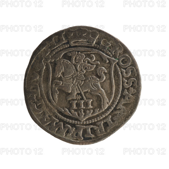 Lithuanian trojak, Sigismund II Augustus (king of Poland; 1544–1572). Obverse: under the crown a tied monogram composed of the letters SA; on the sides the year: 15 - 6Z; on the rim an inscription divided by the Topór coat of arms: .SIGIS.AVG.REX - PO.MAG., VX.L Rw. Reverse: under the prince's mitre dividing the rim, a shield with the Lithuanian Pahonia and the value number III; in the rim the inscription: GROSS.AR.TRIP.MAG.DVC, LI -, 1562. Maker: Tarlo, Gabriel (ca. 1486–1565). Dynastic association: Jagiellonians. Features: coats of arms, SA monogram, tied monograms, royal monograms, Pogon (coat of arms; Lithuania), coat of arms escutcheons under a ducal mitre. Mintplace/date: Vilnius, Grand Duchy of Lithuania, Poland; coin.