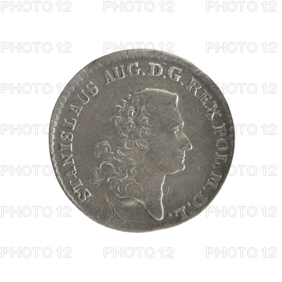 Gold crown coin, 1766. Obverse: head of Stanislaw August Poniatowski, inscription around the rim 'STANISLAUS AUG.DGREX POL.MDL', pearl border. Reverse: under a crown, in a wreath, a round five-field heraldic shield with coats of arms of Poland (Eagle), Lithuania (Pogon) and the Poniatowski coat of arms (Ciolek); below the letters 'FS' and '4.GR', around the inscription divided by a crown: 'LXXX.EX.MARCA-PURA.COL:1766', pearl border. Diagonally fluted edge. Maker: Sylm, Frederick William (fl. 1765–1767). Category: Polish coin; crown coin; iconography: portraits of rulers, heraldic shields, multi-field shields, heraldic shields under a crown, coats of arms. Place: Warsaw, Polish–Lithuanian Commonwealth. Diameter: 26.4–26.8 mm. Weight: 4.77 g.