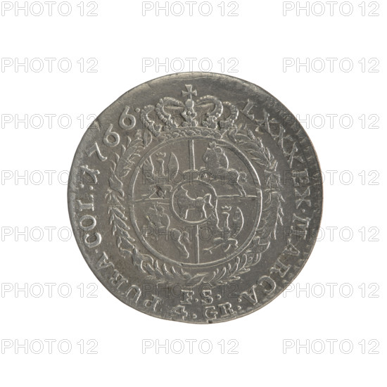 Gold crown (coin), 1766. Obverse: Head of Stanislaw August Poniatowski, inscription around the rim 'STANISLAUS AUG.DGREX POL.MDL', pearl border. Reverse: Under a crown, in a wreath, a round five-field heraldic shield with coats of arms of Poland (Eagle), Lithuania (Pogon), and the Poniatowski coat of arms (Ciolek); below the letters 'FS' and '4.GR'; around, inscription divided by a crown: 'LXXX.EX.MARCA-PURA.COL:1766', pearl border. Diagonally fluted edge. Maker: Sylm, Frederick William (fl. 1765–1767). Style/subject: portraits of rulers, heraldic shields, multi-field heraldic shields, heraldic shields under a crown. Materials: gold. Function: crown coin. Dimensions: diameter ~26.4–26.8 mm; weight 4.77 g. Polish-Lithuanian Commonwealth (1569–1795).