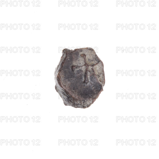 Fragment of a double-sided Drohiczyn seal. On one side, a cross with one arm ending in a triangle (ankh cross). On the other side, the letter 'C.' 11th–13th century, Drohiczyn, Poland. Seals: guild seals, customs house seals, town seals, customs seals, official seals, seals with a cross, seals with a letter.