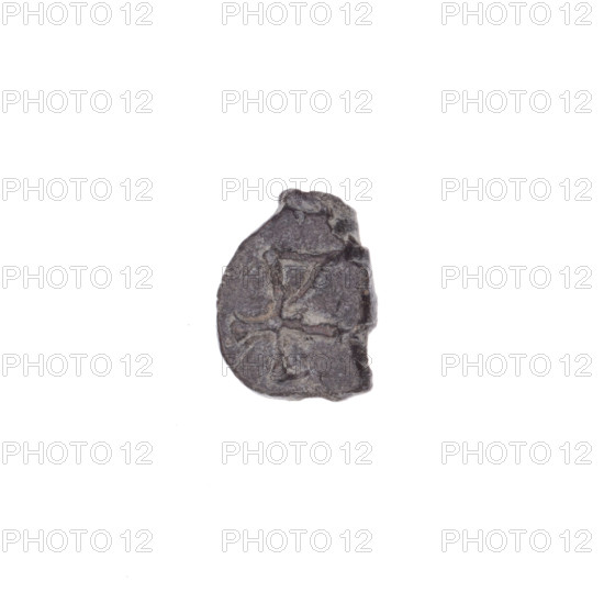 Fragment of a double-sided Drohiczyn seal. On one side a cross with one arm ending in a triangle (ankh cross). On the other side the letter C. 11th–13th century, Drohiczyn, Poland. Seals: customs seals, town seals, customs chamber seals, seals with a cross, official seals, guild seals, seals with a letter.