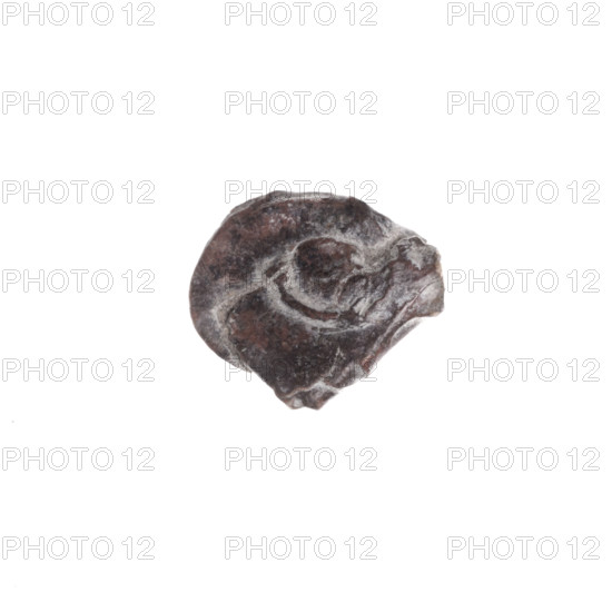 Fragment of a double-sided Drohiczyn seal. On one side a cross with one arm ending in a triangle (ank cross). On the other side the letter C. 11th–13th century, Drohiczyn, Poland. Seals: guild seals, town seals, customs house seals, customs seals, official seals, seals with a cross, seals with a letter.