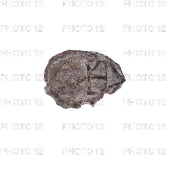 Fragment of a double-sided Drohiczyn seal. On one side, a cross with one arm ending in a triangle (an ankh cross). On the other side, the letter 'C.' 11th–13th century, Drohiczyn, Poland. Seals: guild seals, customs seals, customs chamber seals, town seals, official seals; seals with a cross; seals with a letter.
