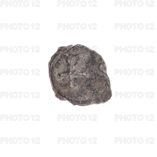 Fragment of a double-sided Drohiczyn seal. On one side a cross with one arm ending in a triangle (ankh cross). On the other side the letter 'C.' 11th–13th century, Drohiczyn, Poland. Seals: customs, guild, customs house, town, seals with a cross, official seals.