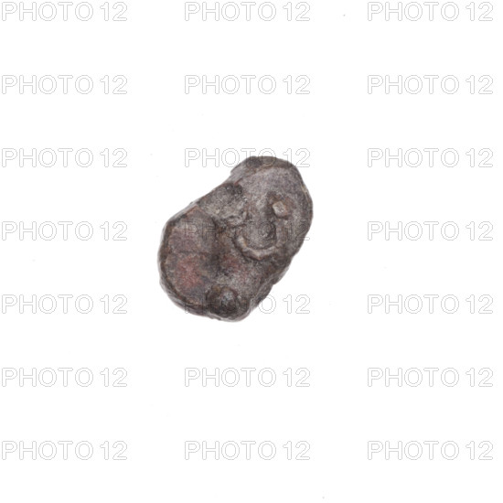 Drohiczyn seal; fragment of a double-sided Drohiczyn seal. One side: a trident with dots at the ends of the arms. Other side: fragment of the letter N with dots at the ends of the lines. 11th–13th century; Drohiczyn, Poland. Genres: guild seal, customs seal, official seal, customs house seal, town seal, seal with a cross.