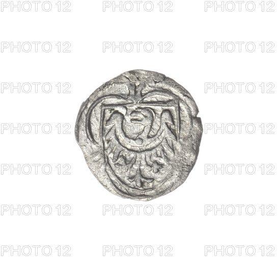 Louis II (Duke of Brzeg; ca. 1380–1436), Jadwiga of Silesia (St.; 1174–1243); letters L/D - B, eagles, Silesian eagle (iconographic), Silesian coat of arms (iconographic), models of churches, shields, shield with eagle (iconographic), coat of arms; Av.: In the trefoil a shield with the Silesian eagle, at the top and on the sides the letters L/, -, Rw.; Bust of Saint Jadwiga with the image of the church; 1399–1436; Silesia, Duchy of Brzeg-Legnica-Wolów, Brzeg; coin; diameter 12.3 mm; weight 0.41 g; axis 315°.