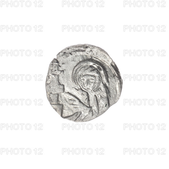Louis II (Duke of Brzeg; ca. 1380–1436); Jadwiga of Silesia (St.; 1174–1243). Coin (1399–1436), diameter 12.3 mm, weight 0.41 g, axis 315°. Obverse: in the trefoil a shield with the Silesian eagle; letters L/, -, Rw at top and sides. Reverse: bust of Saint Jadwiga with image of a church. Iconography: Silesian eagle, Silesian coat of arms; shields; letters L/D - B.