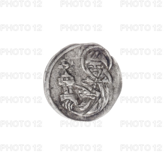 Obverse: In the trefoil a shield with the Silesian eagle; at the top and on the sides the letters L/B - D. Reverse: Bust of Saint Jadwiga holding an image of a church. Louis II (Duke of Brzeg-Legnica; ca. 1380–1436). Date: 1399–1436. Region: Silesia, Duchy of Brzeg-Legnica-Wolów, Brzeg. Coin; diameter 12.8 mm; weight 0.28 g; axis 270°. Subjects/icons: Louis II; Saint Jadwiga of Silesia (1174–1243); Silesian eagle; shields; letters L/B-D; models of churches.