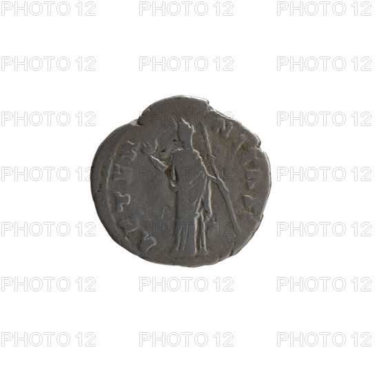 Denarius, posthumous issue for Faustina the Elder (98–141; Roman empress 138–141); issuer Antoninus Pius (86–161; Roman emperor 138–161). Obverse: Bust of Faustina I in drapery facing right, inscription DIVA · FAVSTINA. Reverse: Juno in a veil stands frontally, turns her head left, right hand raised, holding a long scepter in her left hand, inscription AETERNITAS. After 141 CE, Roman Empire (27 BCE–476 CE), Rome. Coin, silver; weight 2.85 g; diameters 17.5–18.5 mm; axis 180°.