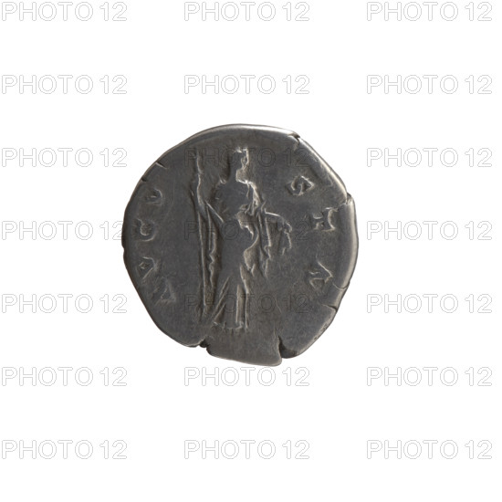Denarius, Faustina the Elder (98–141; Roman empress 138–141) (posthumous), issuer Antoninus Pius (86–161; Roman emperor 138–161). Obverse: Bust of Faustina I in drapery facing right, inscription DIVA FAV·STINA around. Reverse: Ceres veiled, standing right, holding a long scepter in her right hand and ears of corn in her left, inscription A VGV·STA circumferential. Roman Empire, after 141. Coin; silver; weight 3.10 g; diameters 18.0–18.5 mm; axis 180°.